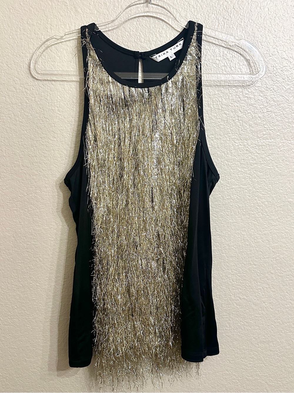 Trina Turk Gold Metallic Tinsel Fringe Black Tank Top L